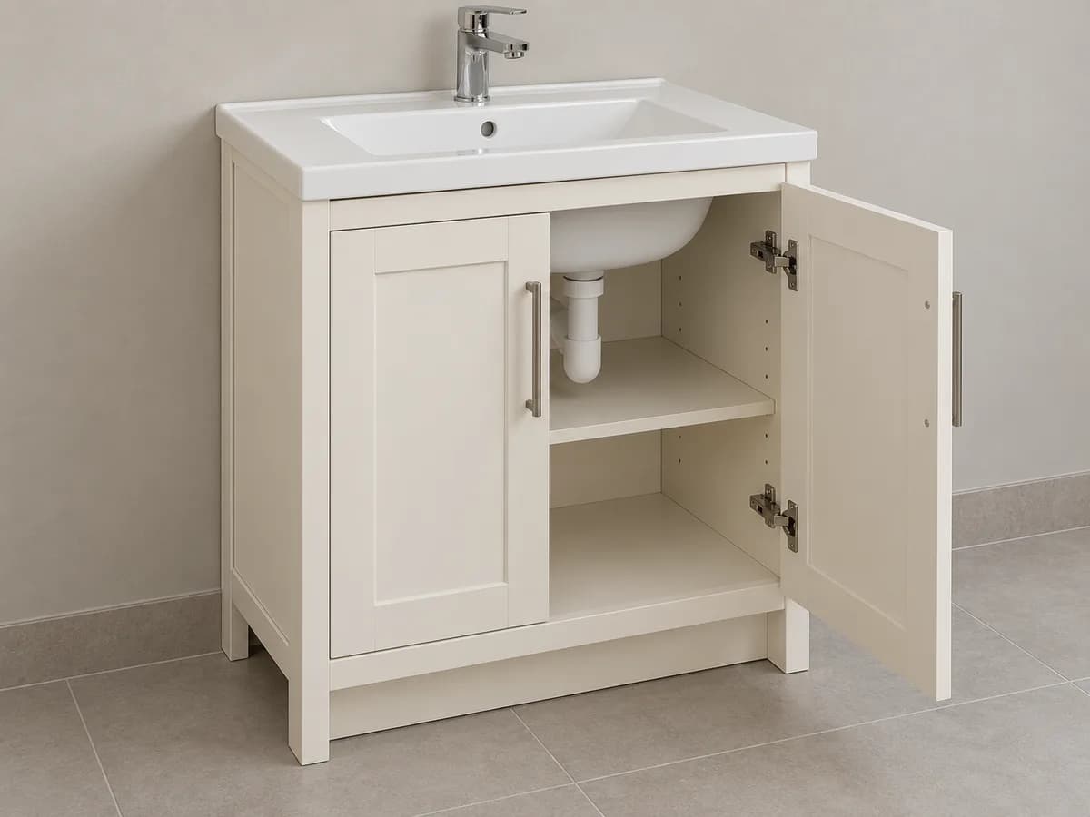 Kompakt banyo dolabı; ürün yapısı ve kullanım detaylarını gösteren temsili tasarım